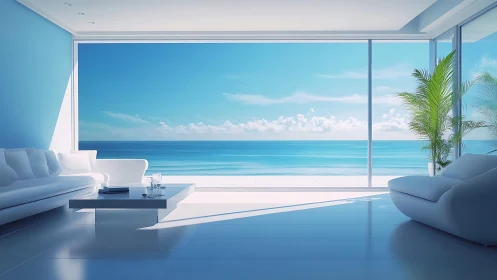 Sunlit oceanfront living room opens onto calm blue sea