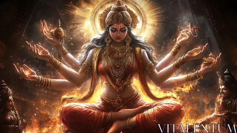 Radiant multi-armed goddess in fiery celestial trance.