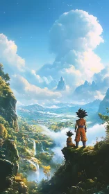 Two figures observe expansive valley landscape from cliff edge