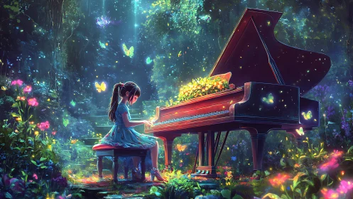 Luminescent forest piano scene with bioluminescent butterflies