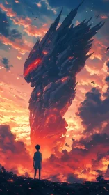 Fiery sky welcomes a lone child facing a colossal mech