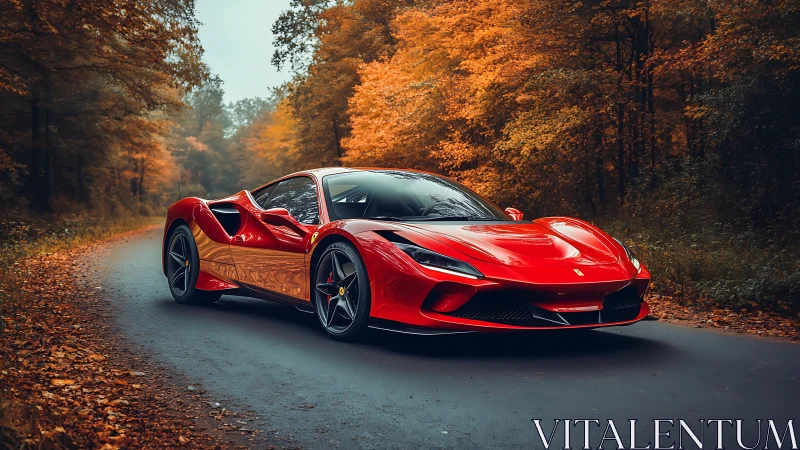 Red supercar on forest road with dramatic autumn foliage.