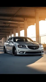 Lowered silver sedan glows under warm sunset light.