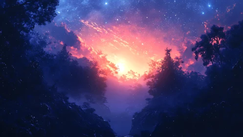 Stellar dawn over misty forest ravine in neon gradients.