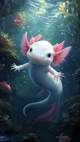 Playful axolotl drifting through luminous kelp forest.