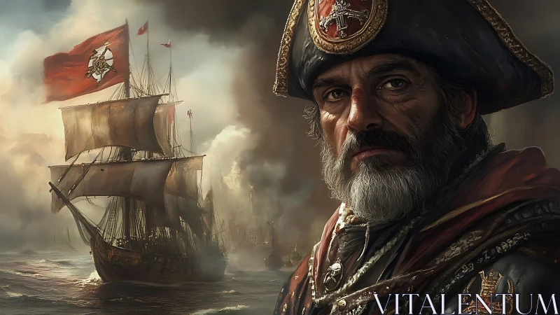 Iron-eyed admiral guards a storm-wreathed war galleon.