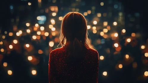 Girl in red dress meeting a sea of glowing city lights at night.