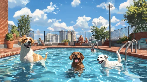 Dogs occupy rooftop swimming pool in clear daylight setting