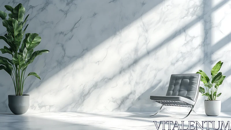 Sunlit marble lounge with stoic chair and gossiping plants.