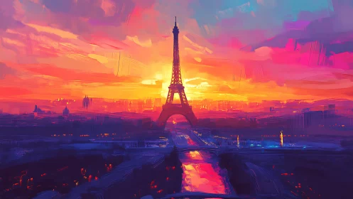 Parisian sky ignites in electric sunset around Eiffel silhouette.