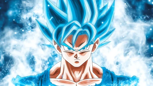 Blue haired anime warrior amid glowing energy aura.