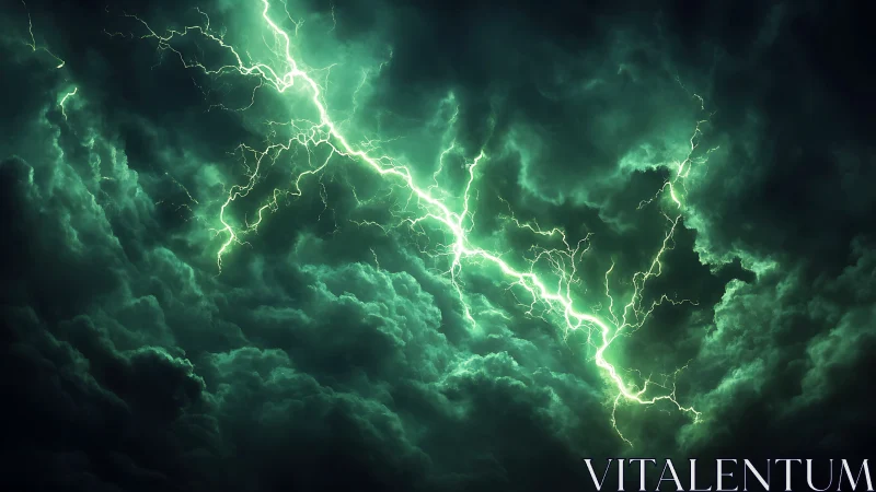 Emerald lightning veins tearing through turbulent storm clouds.