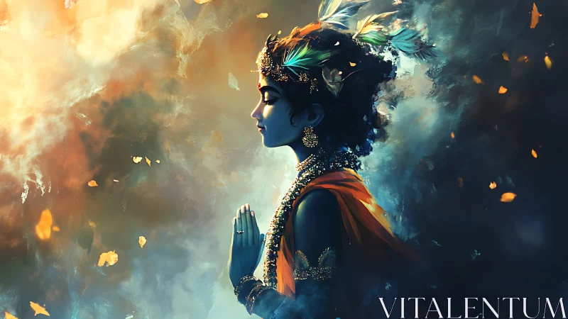 Side-profile deity figure prays amid glowing abstract haze