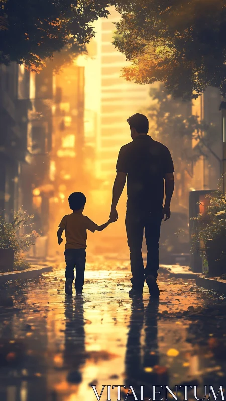 Golden hour moments between parent and child walking together.