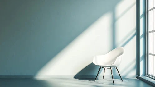 White modern chair rests in sunlit minimalist corner