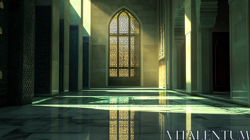Islamic hall interior with patterned light on marble floor.