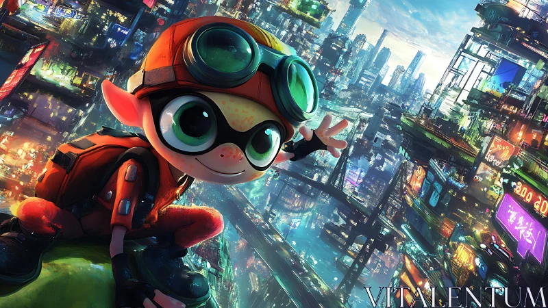 Cartoon character overlooks dense illuminated futuristic city