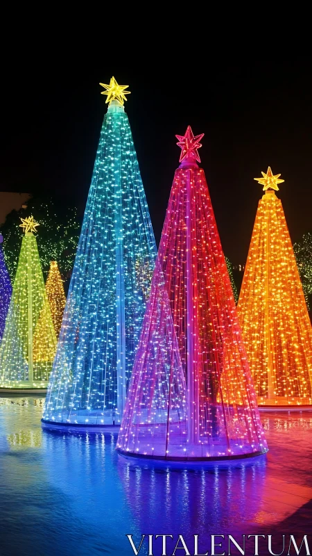 Multicolor conical LED light trees reflected on night water