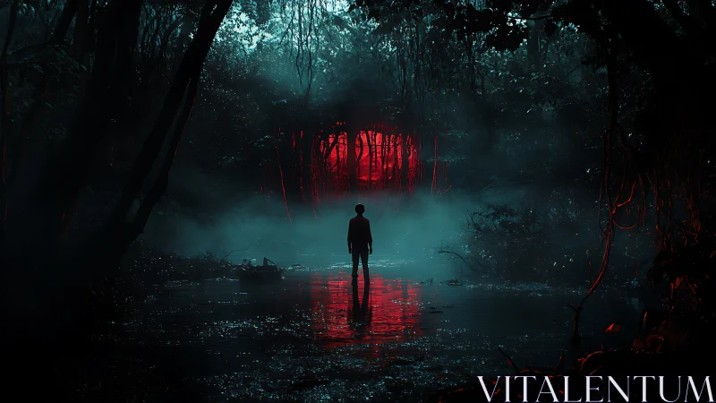 Solitary human figure in misted swamp before red light portal.