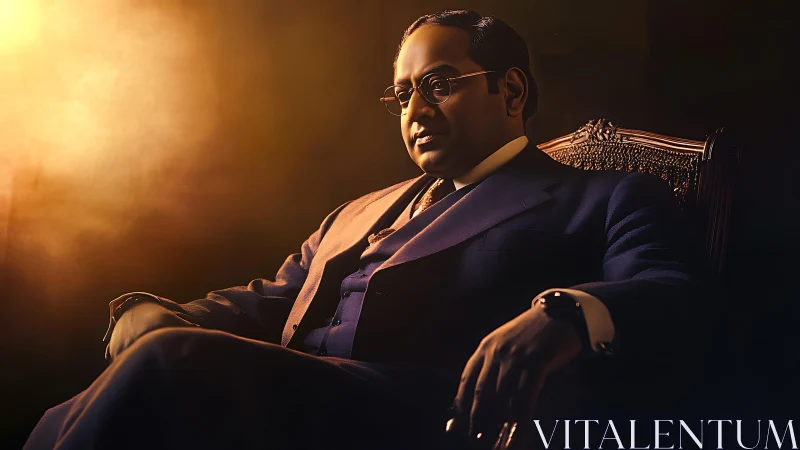 Seated man in formal suit against warm atmospheric light.