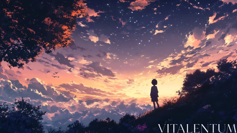 Twilight hilldreamer gazing into a star-sprinkled sky.