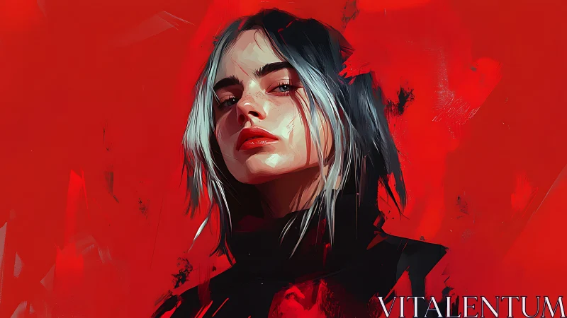 Moody digital portrait of woman on vivid red field.