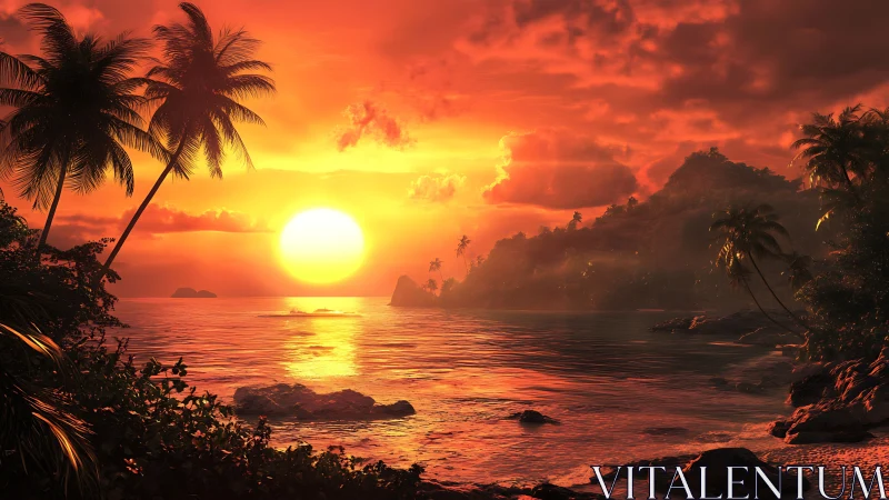 Tropical island sunset bathes palm-lined coast in fire