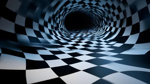 Surreal Checkered Tunnel with Black Hole in Abstract 3D Style.