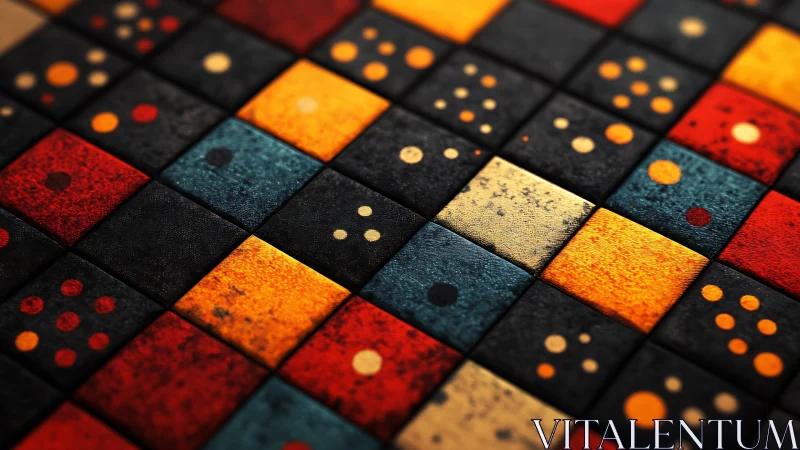 Geometric dice grid glows with warm textured color fields.