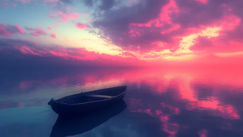 Solitary dusk boat adrift on neon-tinted dreamwater horizon.