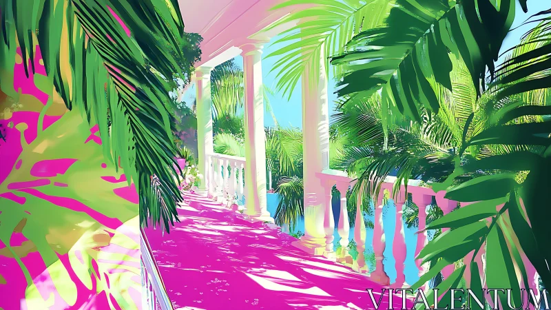 Neon tropic veranda with balustrade perspective digital painting.