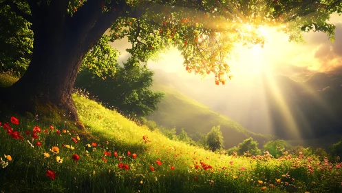 Majestic sunlit tree overlooking wildflower meadow, digital art.