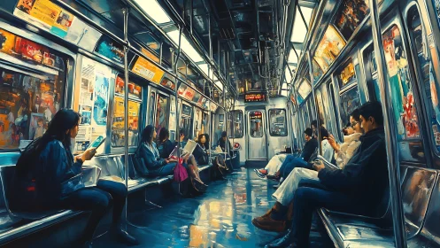 Subway commuters in luminous urban carriage corridor.