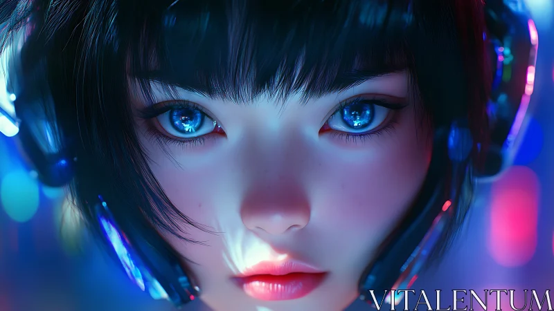 Neon-eyed cyber girl portrait with reflective headset lighting.