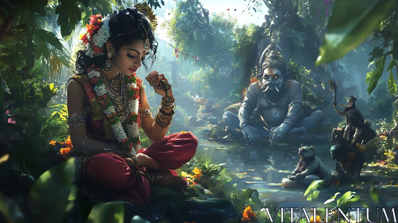 Serene woman in jungle clearing with deity and animals.