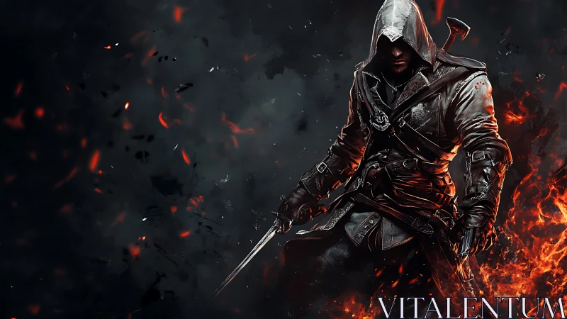 Hooded rogue warrior in burning embers and dark smoke.