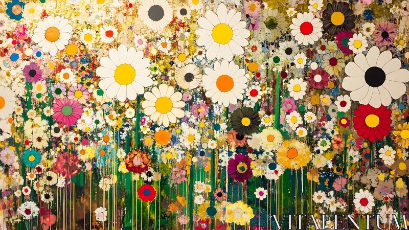 Bold graphic daisies scatter over dense dripping color field