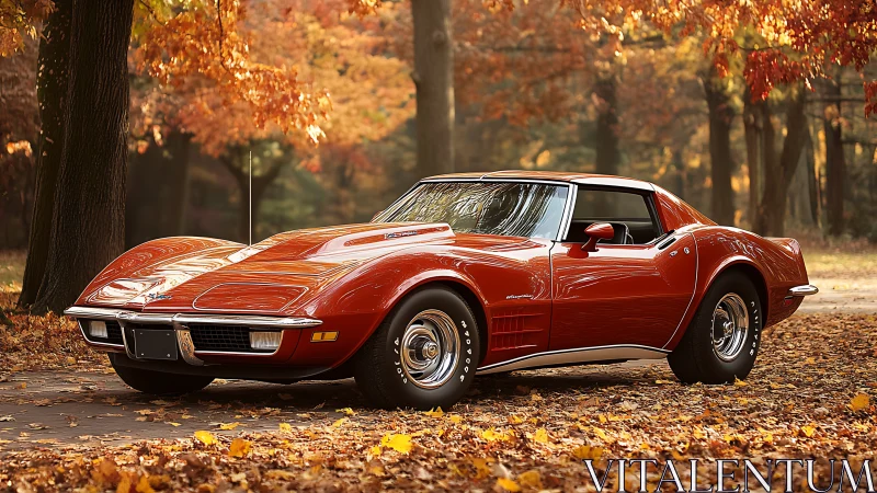 Autumn-lit red classic sports coupe parked in forest roadway