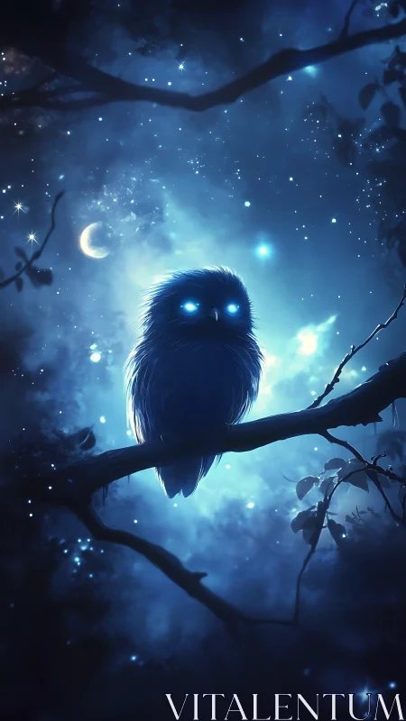 Glowing blue owl perched in a moonlit starry night forest.
