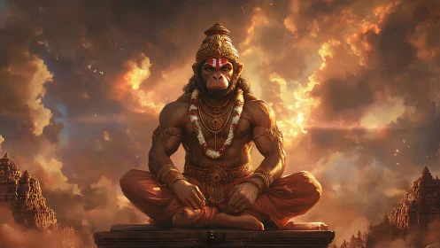 Serene monkey warrior sits in glowing sunset temple clouds.