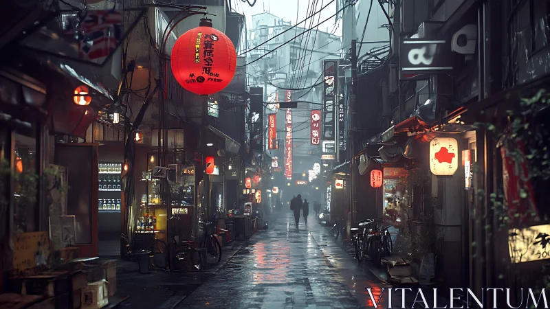 Lanterns glow softly along a rainy Tokyo side street walk