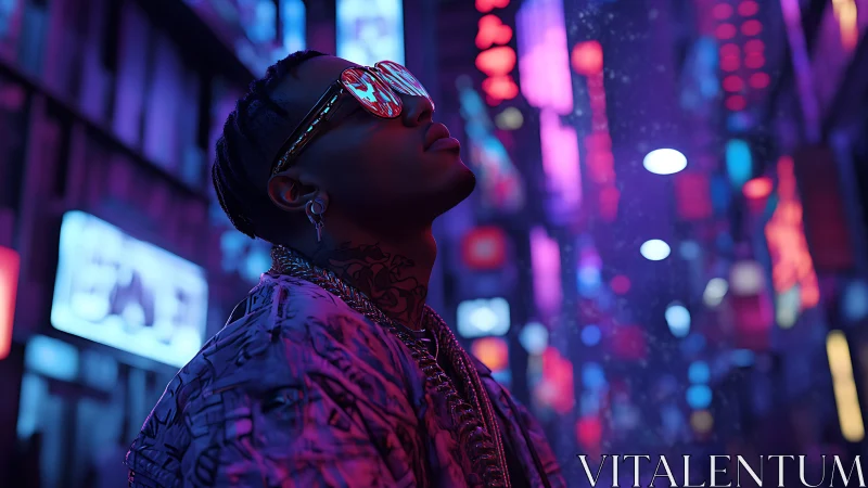 Neon dreamer drifting under holographic night rain downtown.