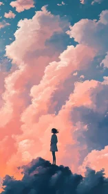 Silhouette of lone figure on cloud with tall sunset cumulus.