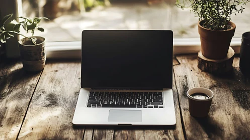 Laptop on rustic wooden desk under diffused daylight from window