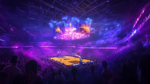 Neon thunder over hardwood dreams in a roaring arena night.
