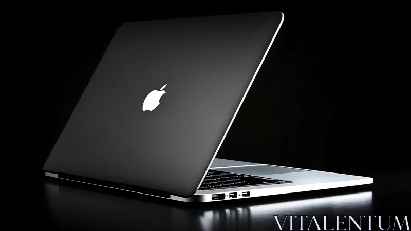 Black Apple laptop sits half open on reflective dark surface