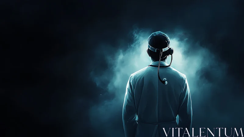 Digital painting of solitary surgeon in luminous misted void.