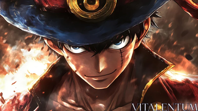 Anime pirate character portrait with burning background scene.