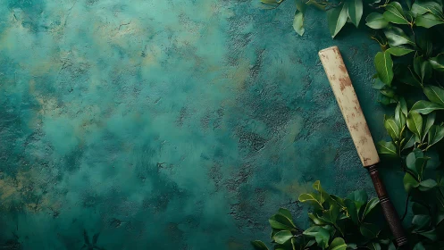 Vintage cricket bat rests beside lush green leaves.