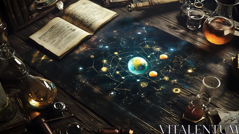 Arcane star map merges alchemy desk with cosmic diagram.